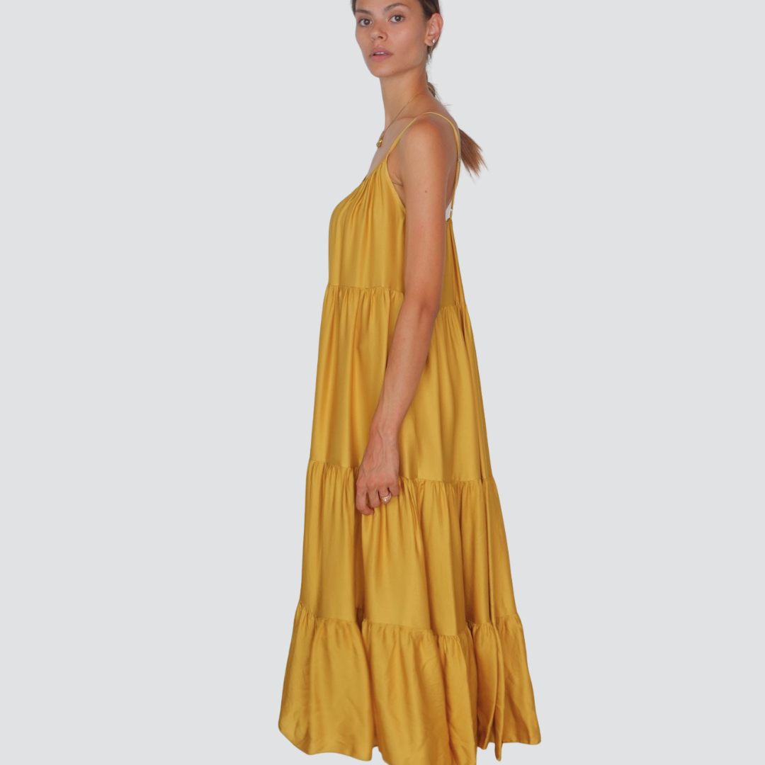 Vicolo abito lungo a balze satin spallino regolabile sottile 100% viscosa  Art TD3140