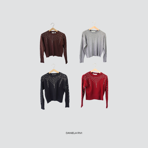 Haveone maglia girocollo con strass 50% viscosa Art MNC-P051