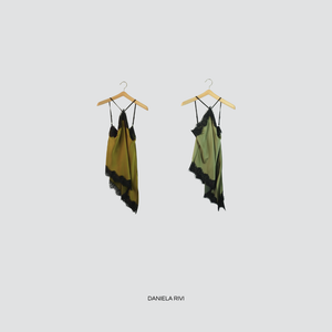 Haveone abito satin asimmetrico con pizzo spallino regolabile spacchetto laterale Art RVS-P039