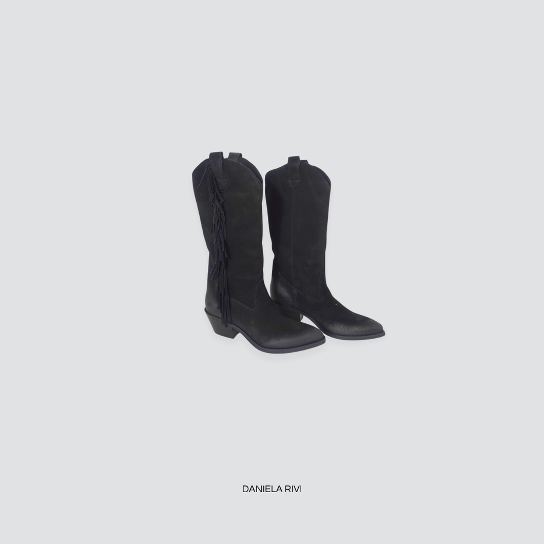 Ovyè texano scamosciato con frange velour nero tacco 5 cm Art RG201