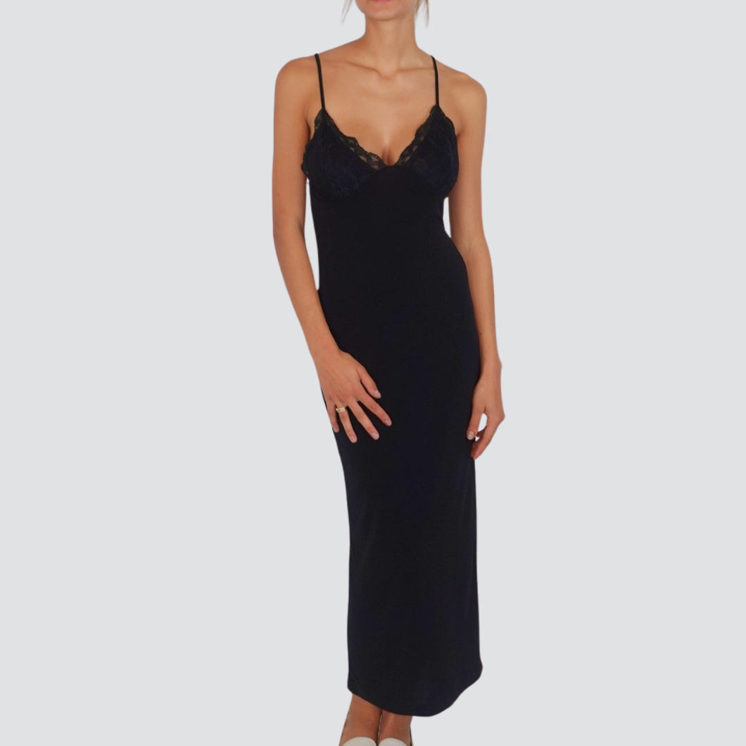 Haveone abito lungo aderente coppe pizzo spacchetto retro Art AVS-P025