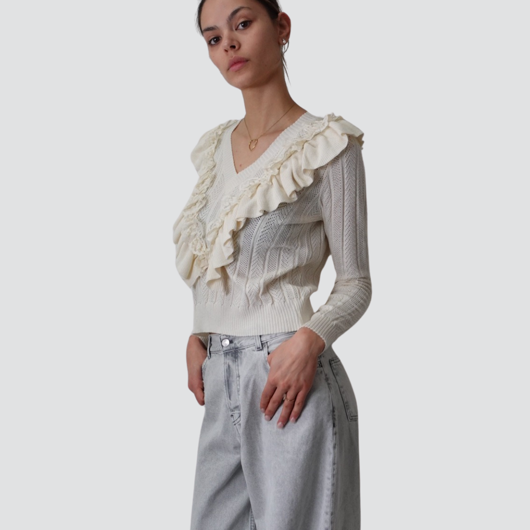 Haveone maglia color burro scollo V pizzo 60% cotone Art MMO-N013