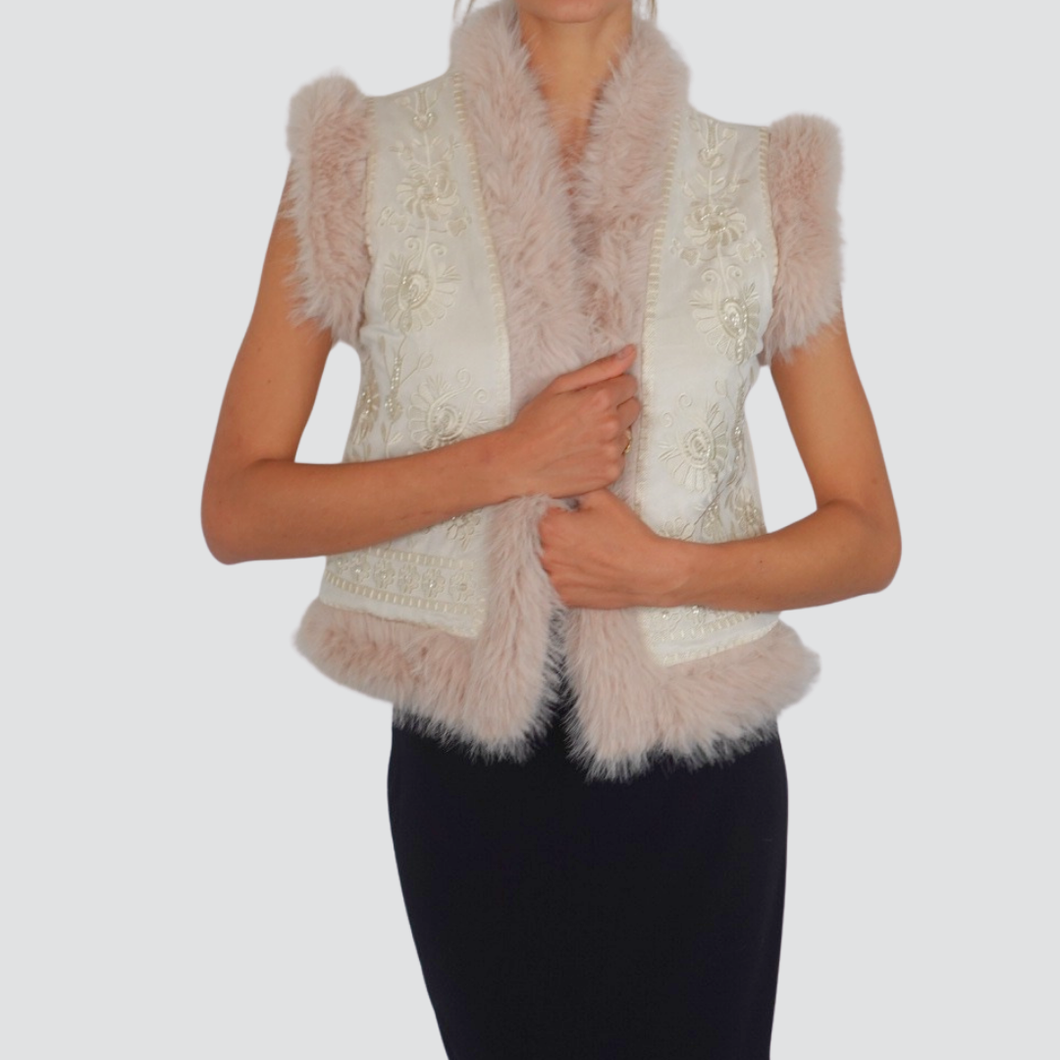 Haveone gilet foderato bordi eco-pelliccia ricami perline Art LMM-P037