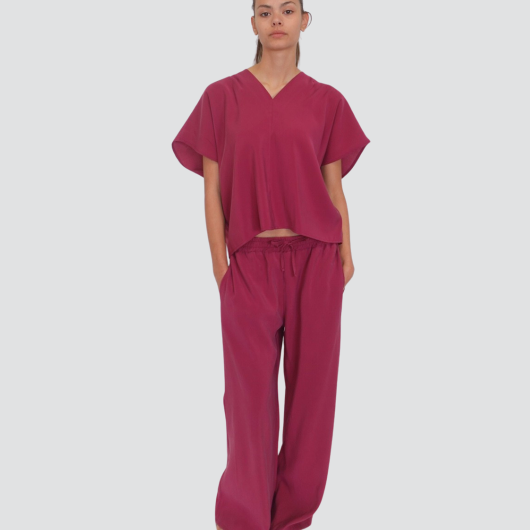 Haveone completo blusa scollo v pantalone gamba ampia elastico vita 84% modal Art HFW-N013