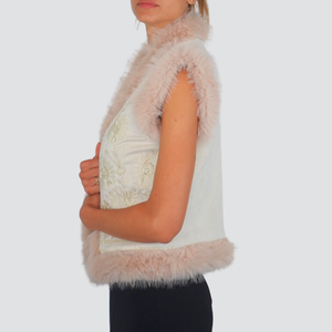 Haveone gilet foderato bordi eco-pelliccia ricami perline Art LMM-P037