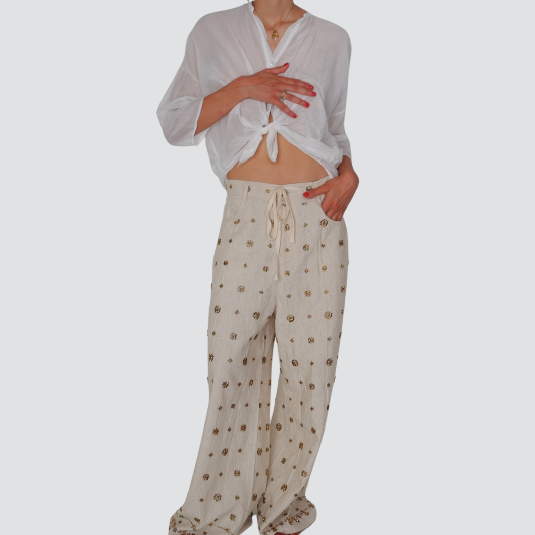 Vicolo pantalone gamba ampia con coulisse e applicazione perline 70% cotone 30% lino Art DD5423