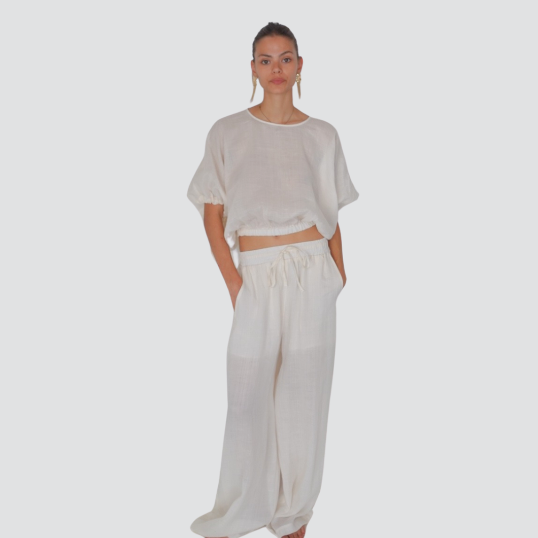 Vicolo pantalone gamba ampia elastico vita con coulisse 100% ramia Art TD2908