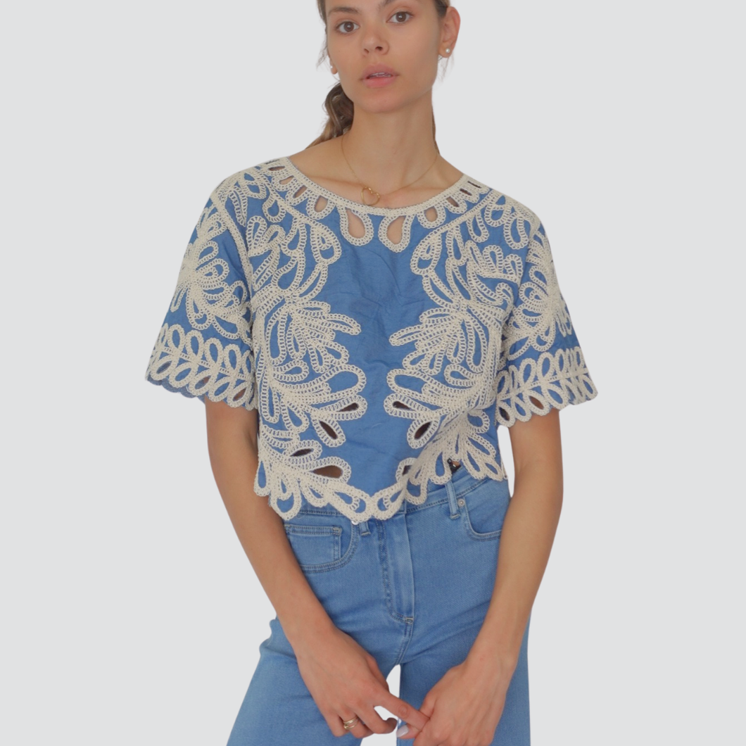 Haveone blusa manica corta ricamata 95% cotone Art TSS-N125