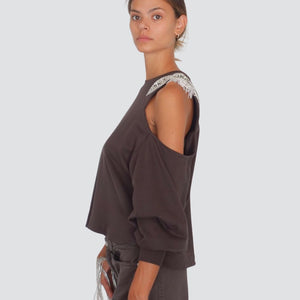 Tensione in felpa over garzata cut out con applicazione strass 100% cotone Art 37378
