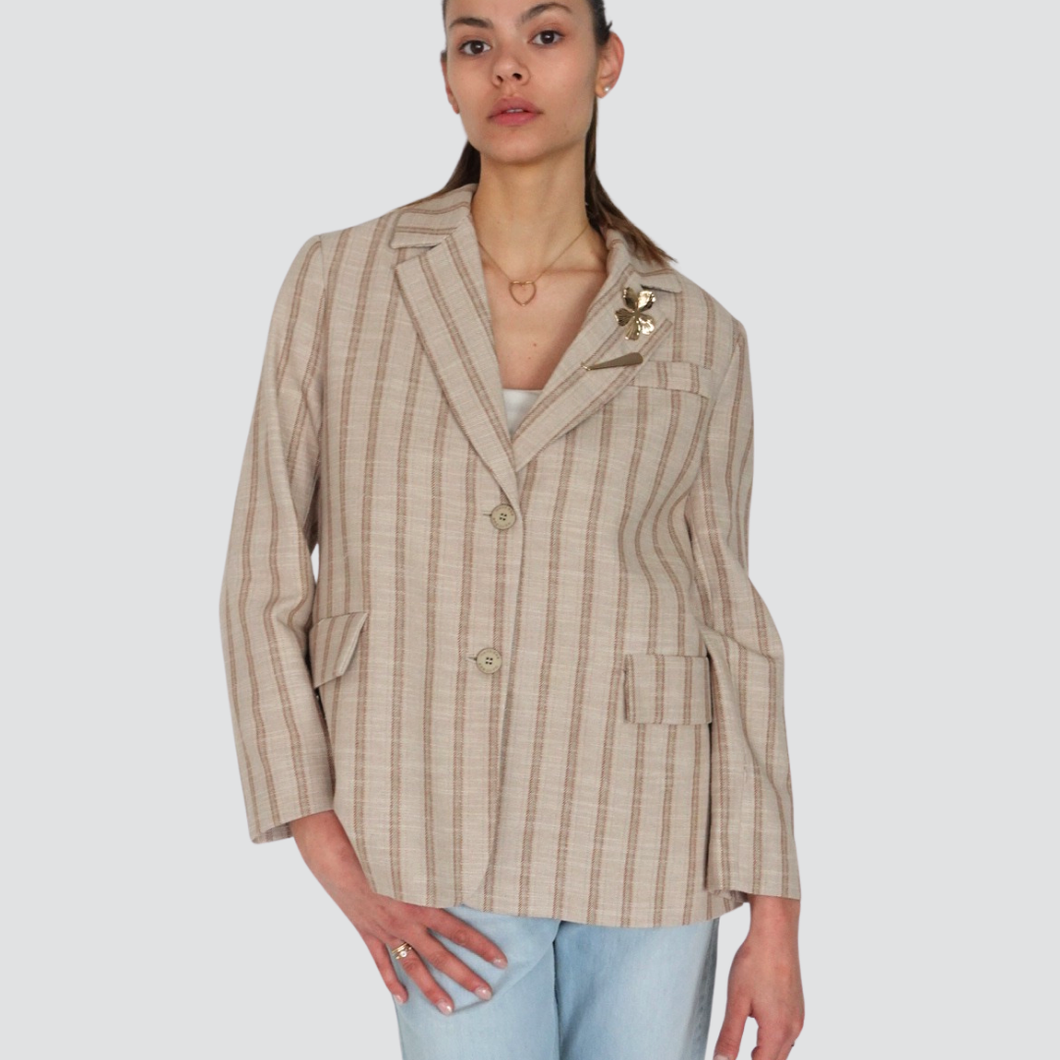 Haveone giacca over gessata spacchi laterali con spille foderata 86% cotone Art JGE-N010