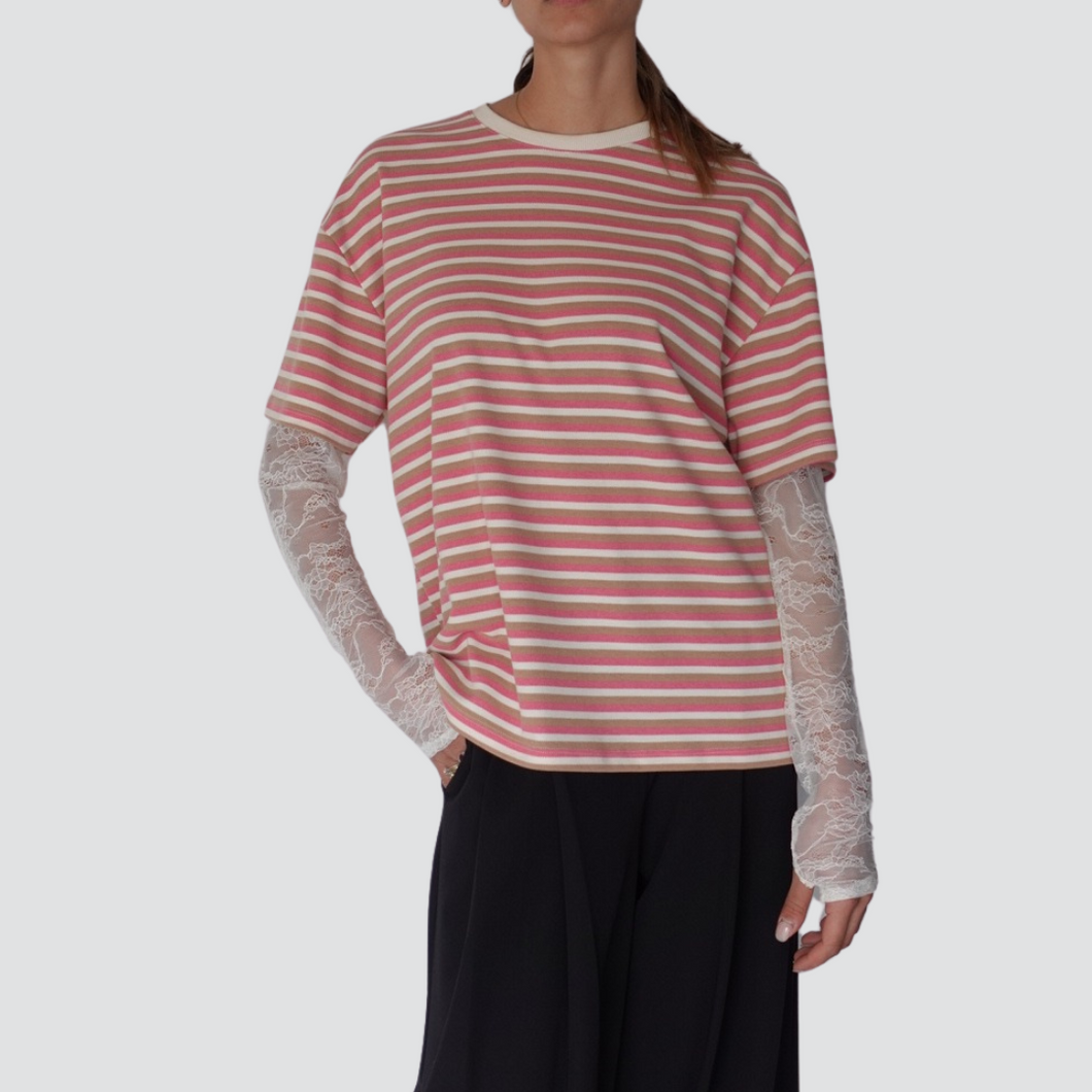 Vicolo t-shirt rigata manica pizzo 50% cotone Art UD0183