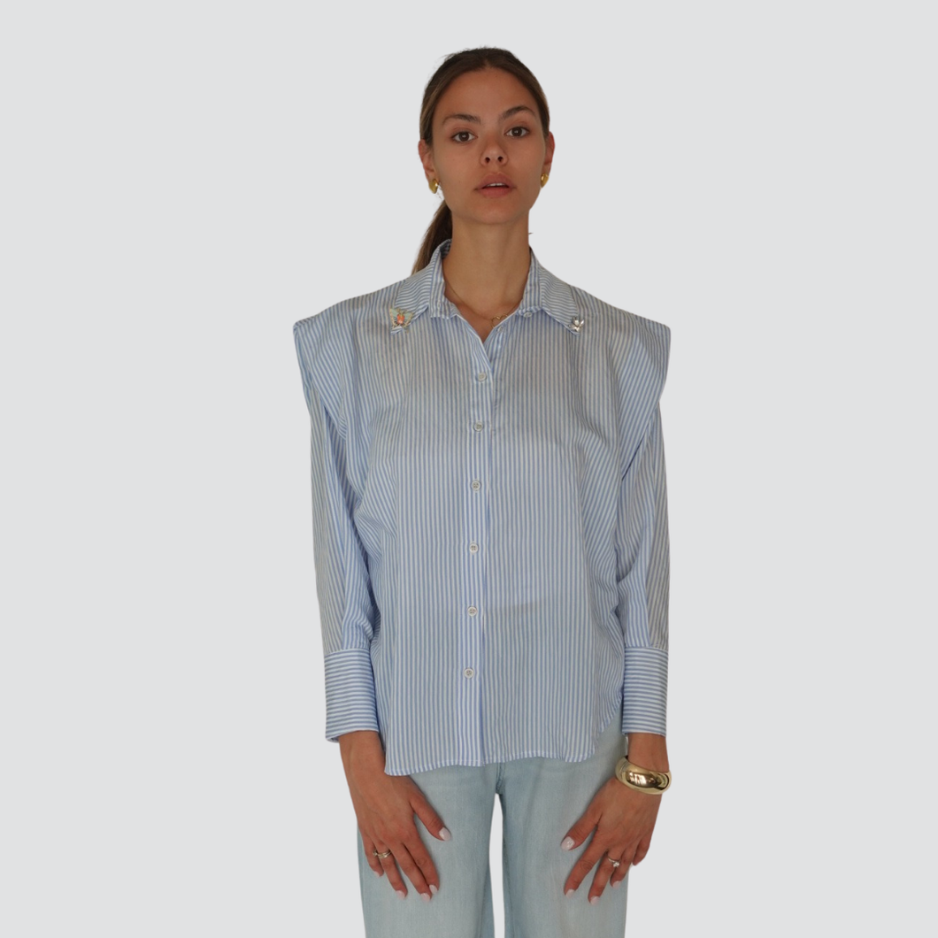 Haveone camicia over rigata con spille strass e farfalla 82% viscosa Art CCB-N240
