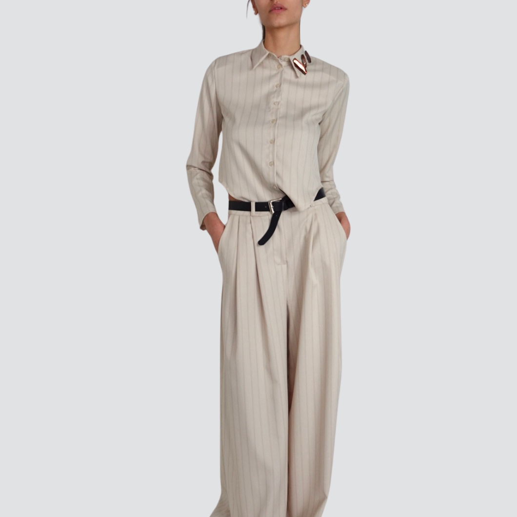 Haveone pantalone palazzo gessato con pieghe e cintura Art PMA-N094
