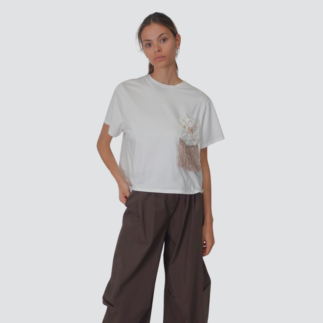 Haveone t-shirt over con tasca più frangia e applicazione 94% cotone Art TJA-N121