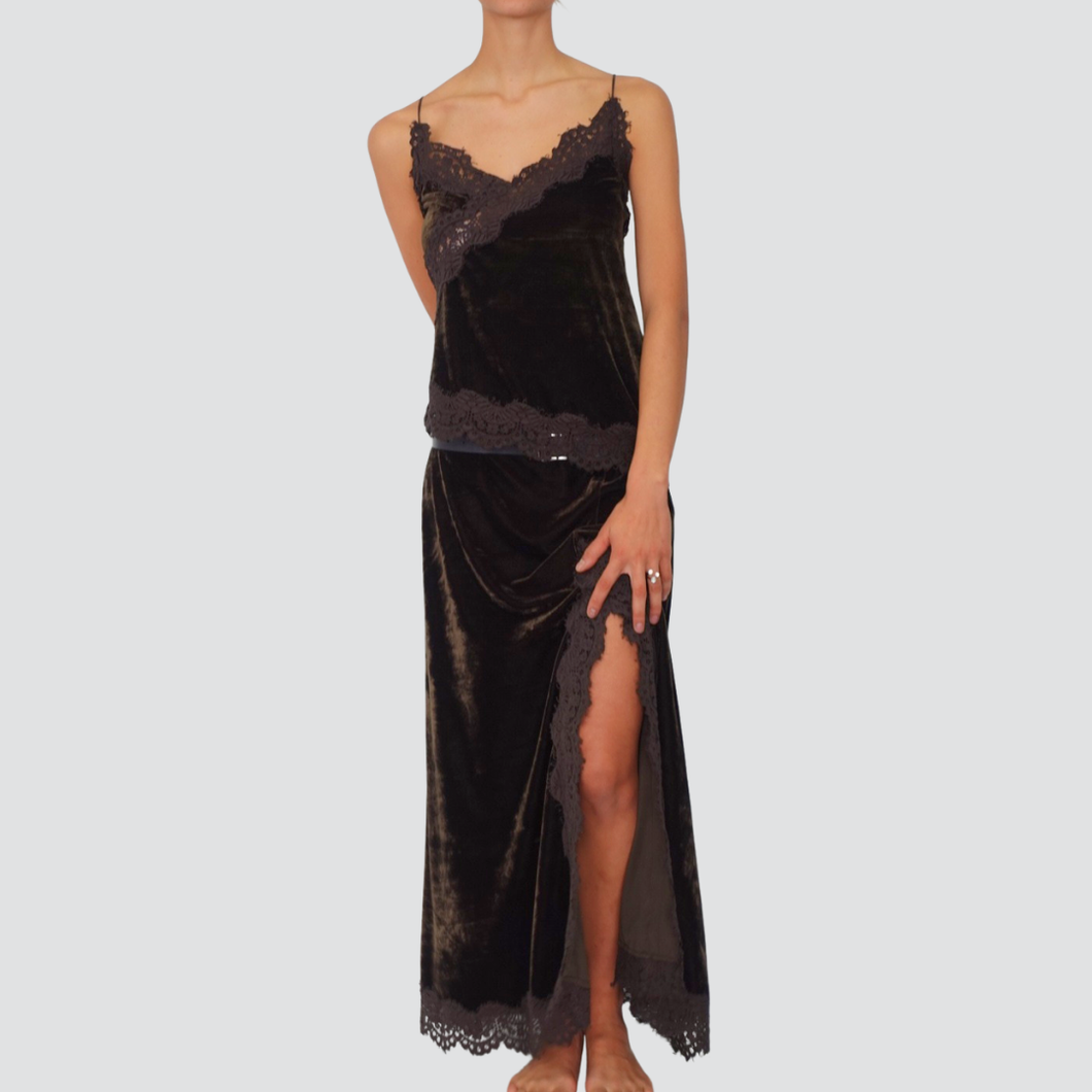 Haveone gonna lunga ciniglia moro con spacco pizzo e doppia cintura Art GMA-P113