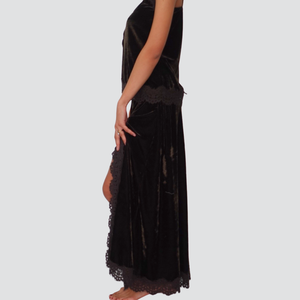 Haveone gonna lunga ciniglia moro con spacco pizzo e doppia cintura Art GMA-P113