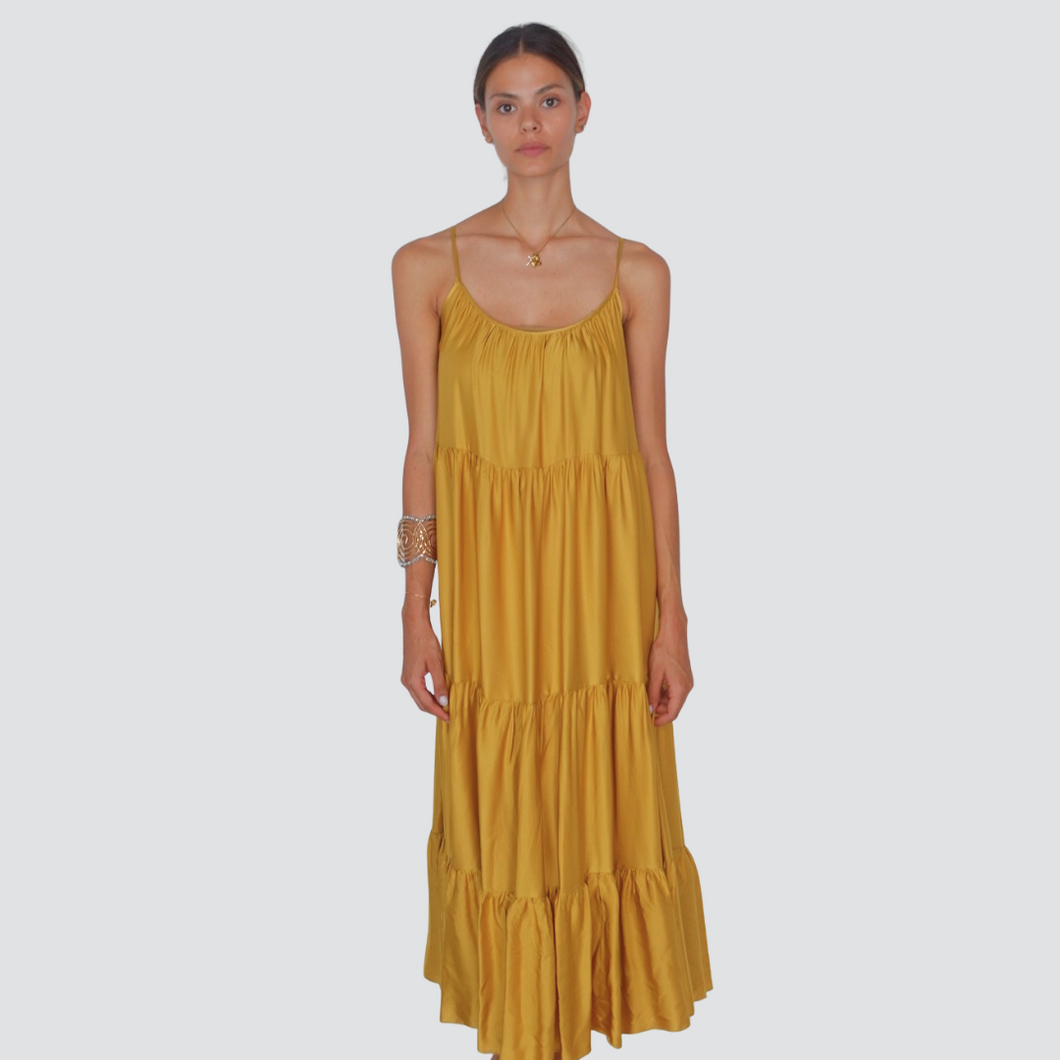Vicolo abito lungo a balze satin spallino regolabile sottile 100% viscosa Art TD3140