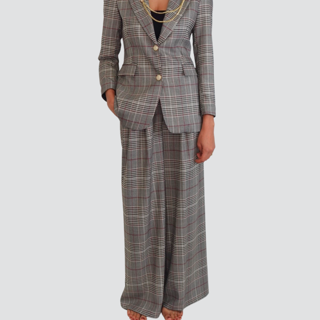 Tensione in pantalone palazzo pinces scozzese bottone oro 34% viscosa Art 26P1130