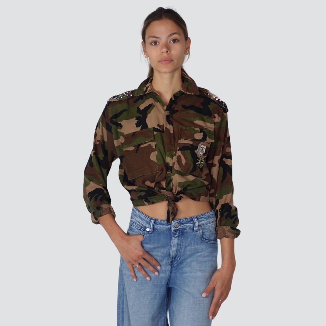 Vicolo camicia camouflage con strass e stampa schiena 100% cotone Art RD0799