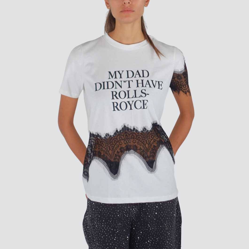 Tensione in t-shirt con scritta e inserti pizzo 100% cotone Art 37721