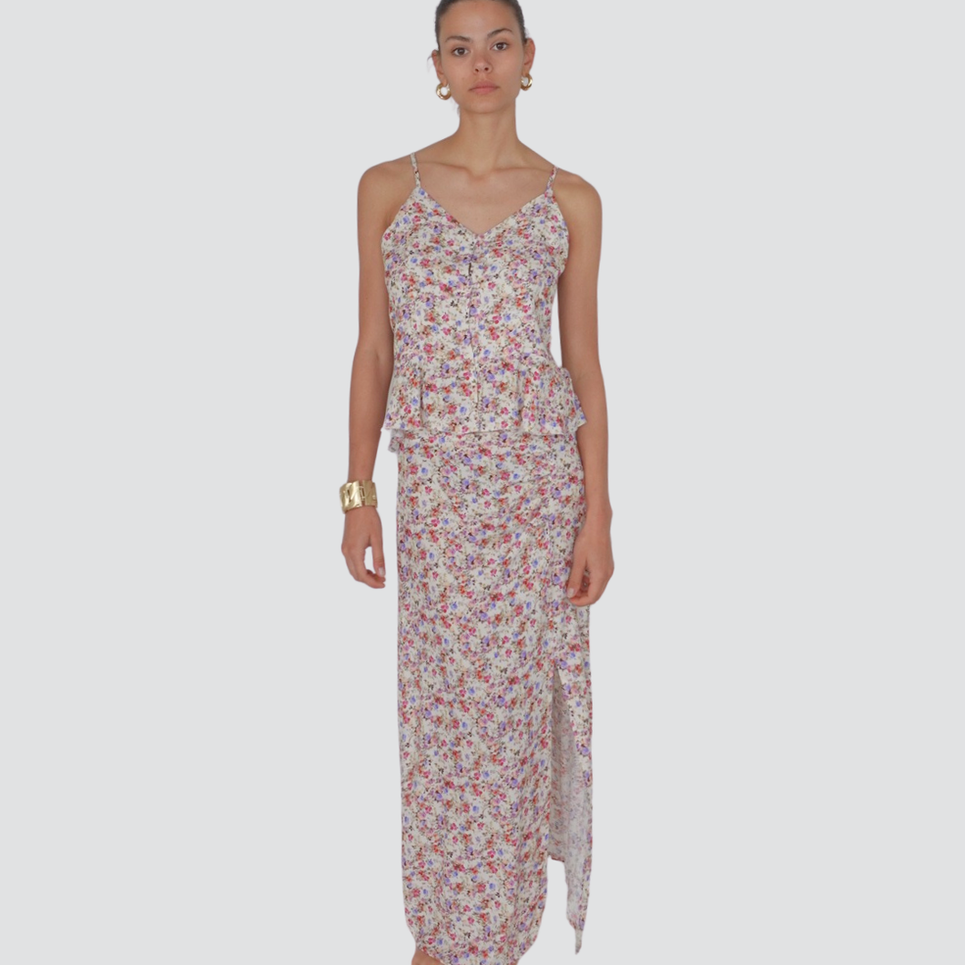 Tensione in gonna floreale con arriccio spacco laterale 100% viscosa Art N20049AT