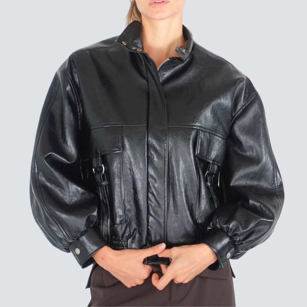 Tensione in bomber eco-pelle interno maculato con tasconi 69% viscosa Art FF842