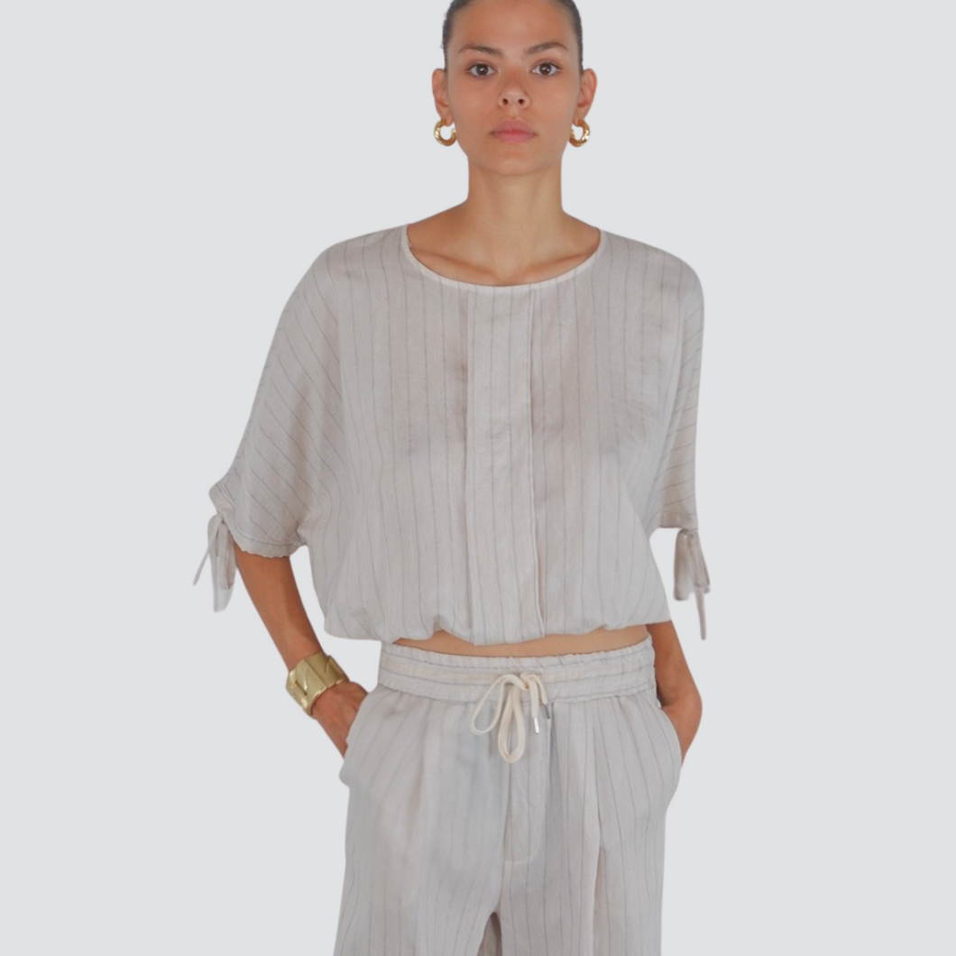 Vicolo blusa gessata laccetti manica elastico fondo 64% viscosa 12% lino Art TD3060