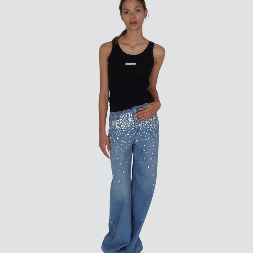 Haveone jeans gamba larga pietre strass 100% cotone Art PGZ-N281