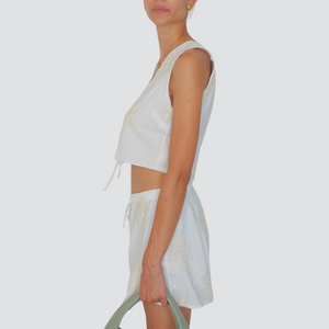 Haveone completo gilet laccetti più short ricamo e micro paillettes 100% cotone Art HFW-N024
