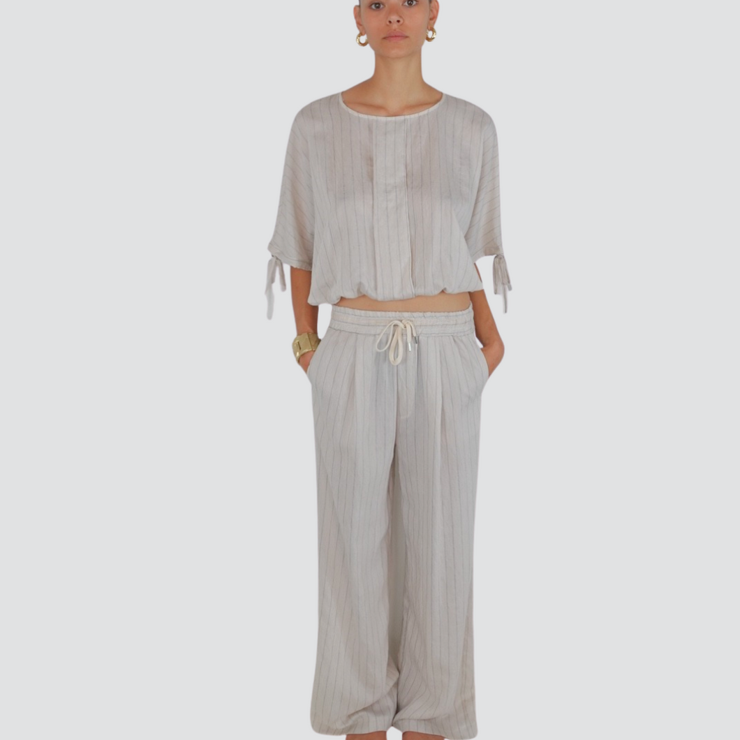 Vicolo pantalone gessato elastico vita 64% viscosa 12% lino TD2970