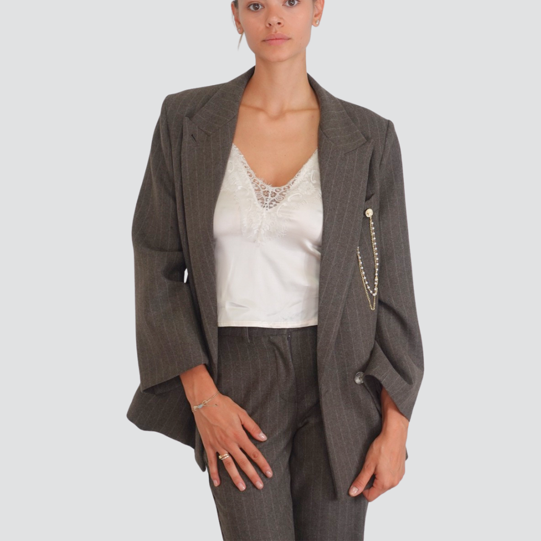 Vicolo giacca doppio petto gessata con spilla foderata 34% viscosa Art TF0110