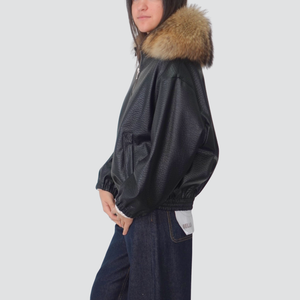 Bomber ecopelle con collo eco-pelliccia