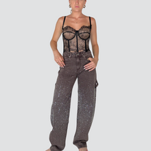 Carica l&#39;immagine nel visualizzatore di Gallery, Kontatto jeans moro slavato barrel worker strass 99% cotone Art ZH100N
