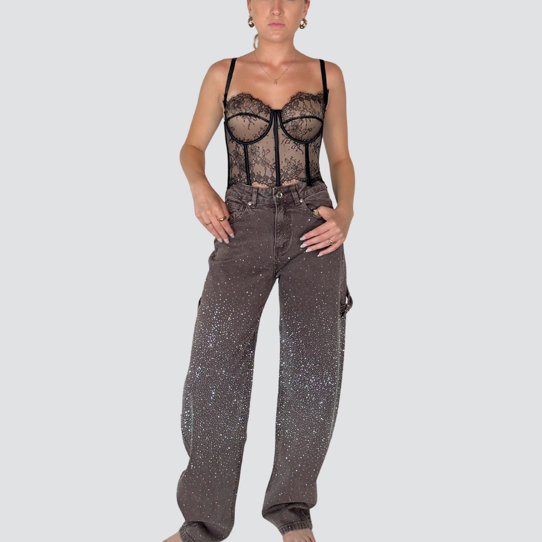 Kontatto jeans moro slavato barrel worker strass 99% cotone Art ZH100N