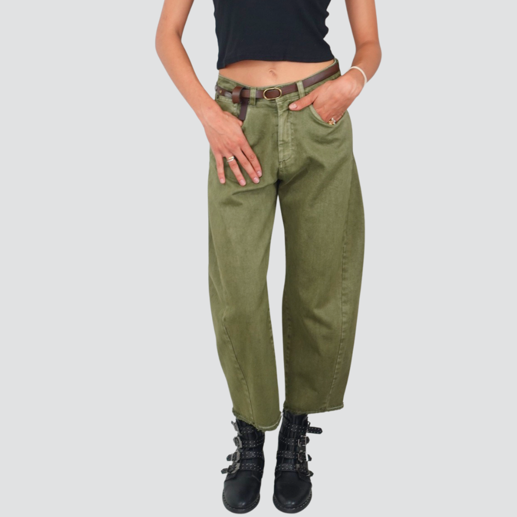 Tensione in pantalone balloon con cintura fondo sfrangiato 100% cotone Art W25P371