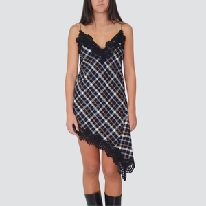Tensione in abito scozzese asimmetrico con pizzo 100% cotone Art W25A720