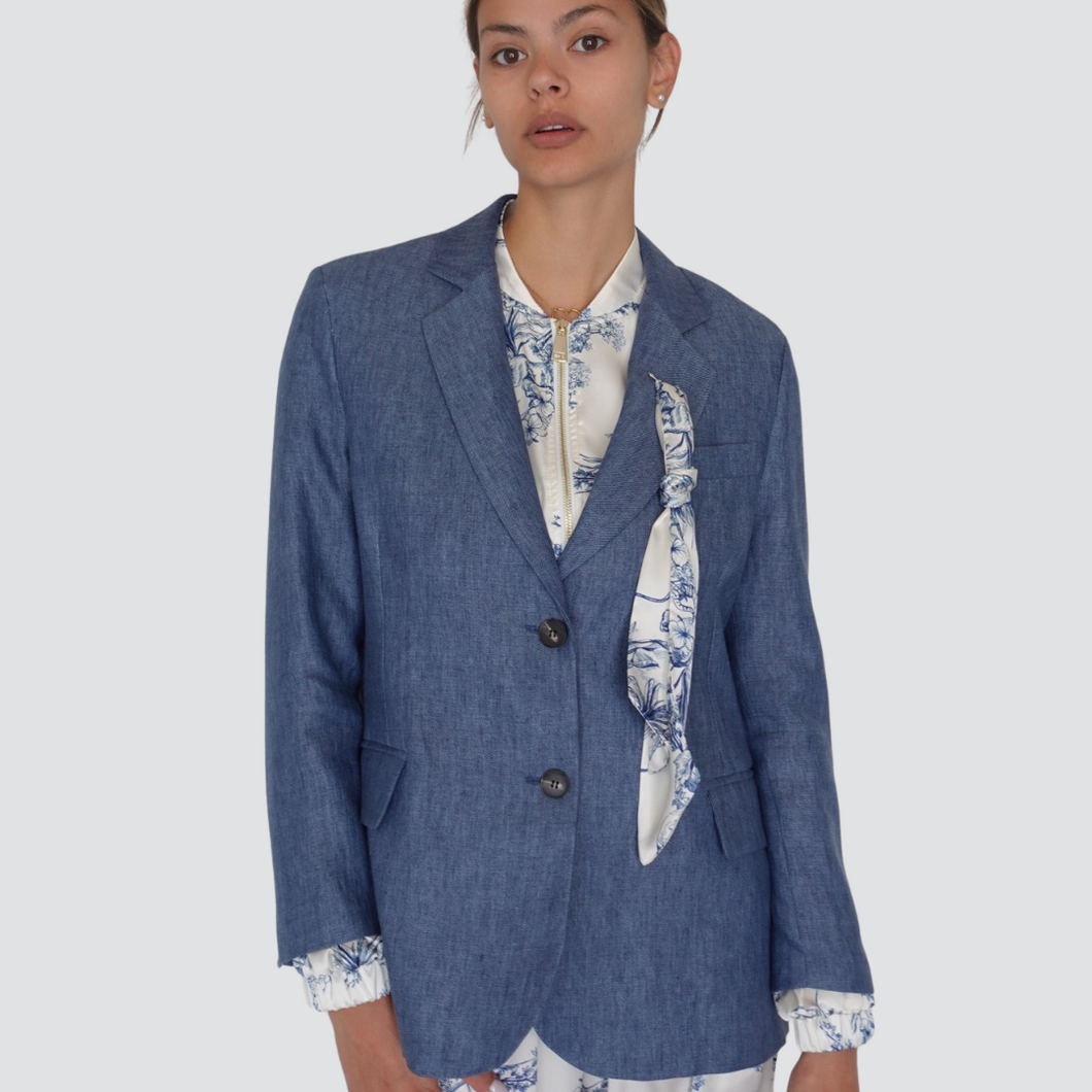 Tensione in blazer over con spilla foulard spacchi laterali 100% lino Art S25J804