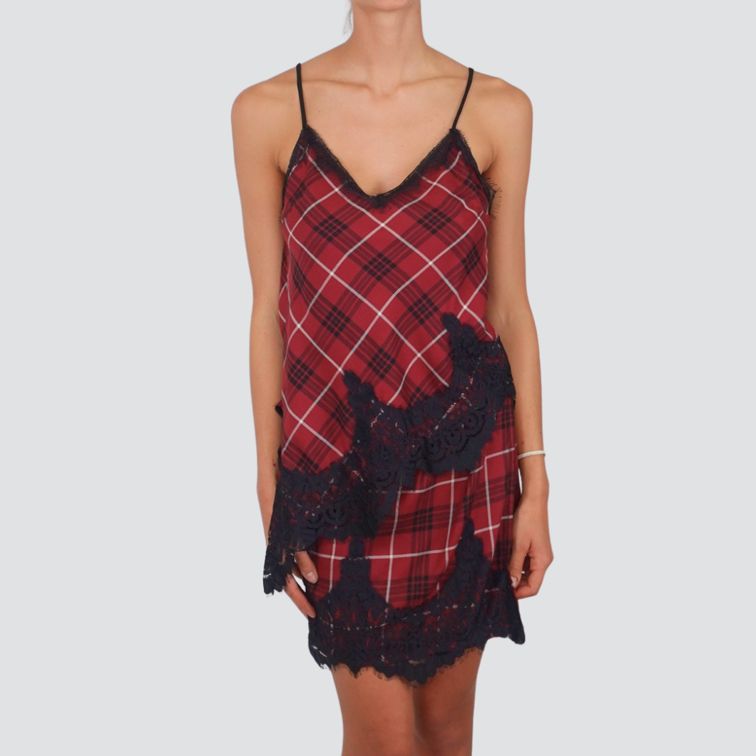 Tensione in top scozzese asimmetrico con pizzo arrampicante 65% viscosa Art FW250058