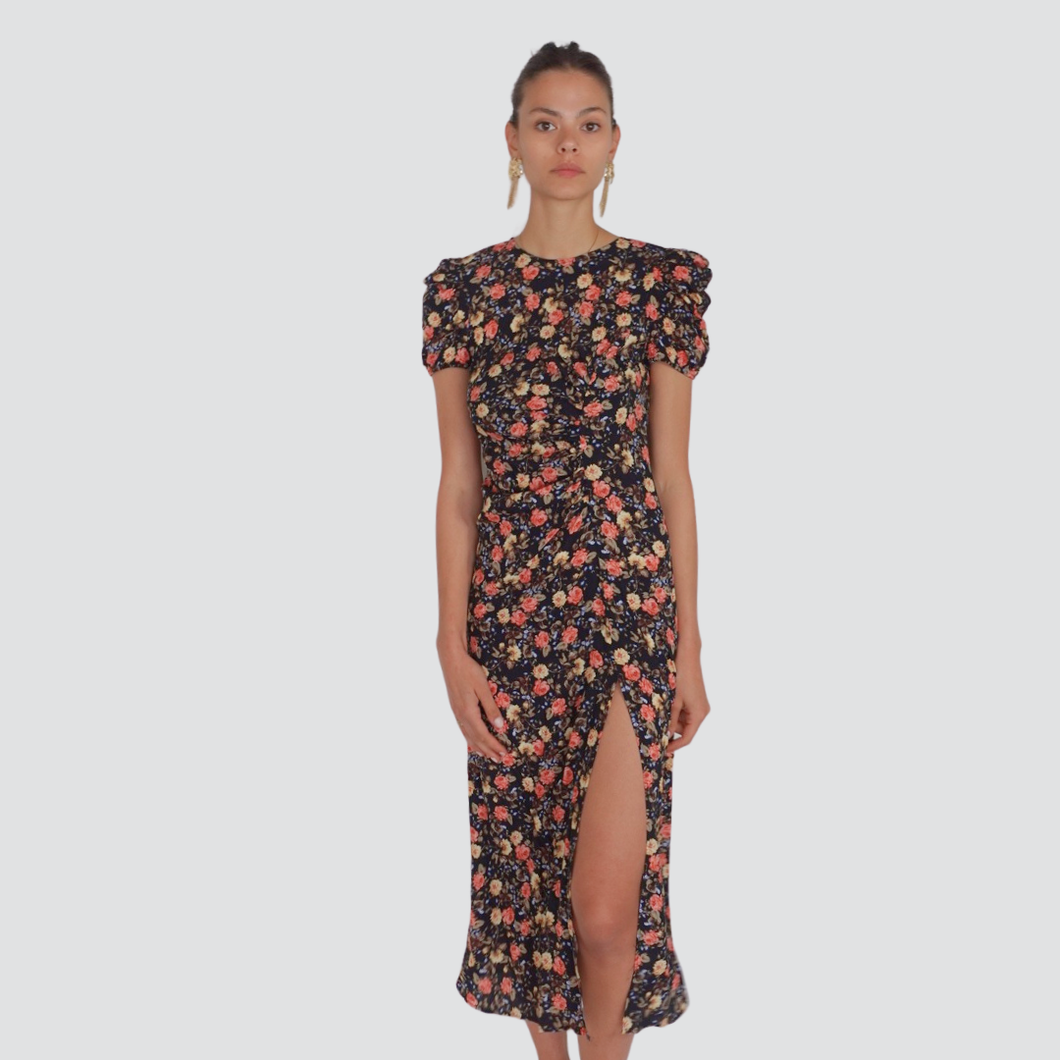 Vicolo abito floreale lungo arriccio manica sbuffo 100% viscosa Art TD2441