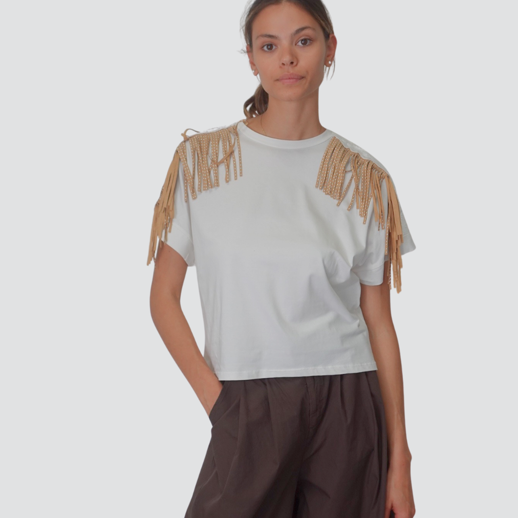 Haveone t-shirt frangia con borchie e passamaneria 94% cotone Art TJA-N122
