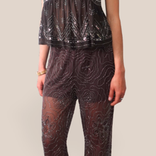 Carica l'immagine nel visualizzatore di Gallery, Haveone pantalone caffè ricamato paillettes e perline elastico vita con coulotte Art PSS-Q347
