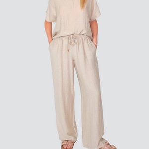 Tensione in pantalone palazzo elastico vita con coulisse 67% viscosa 11% lino Art 25P7926