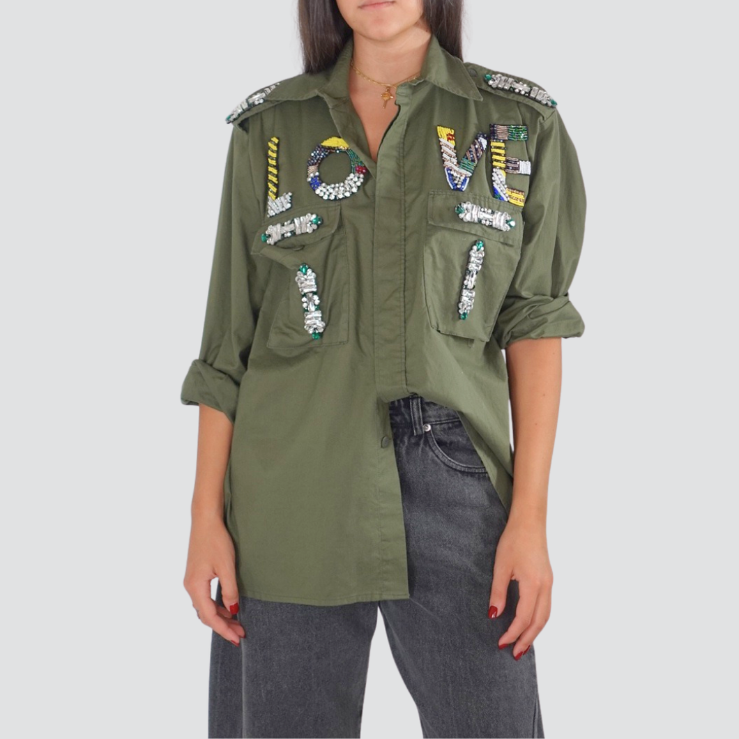 Tensione in sahariana militare patch Love e strass 100% cotone Art 37355