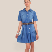 Carica l'immagine nel visualizzatore di Gallery, Vicolo abito chambray con balza e cintura 100% cotone Art TD1589
