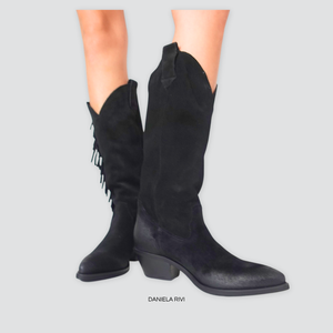 Ovyè texano scamosciato con frange velour nero tacco 5 cm Art RG201