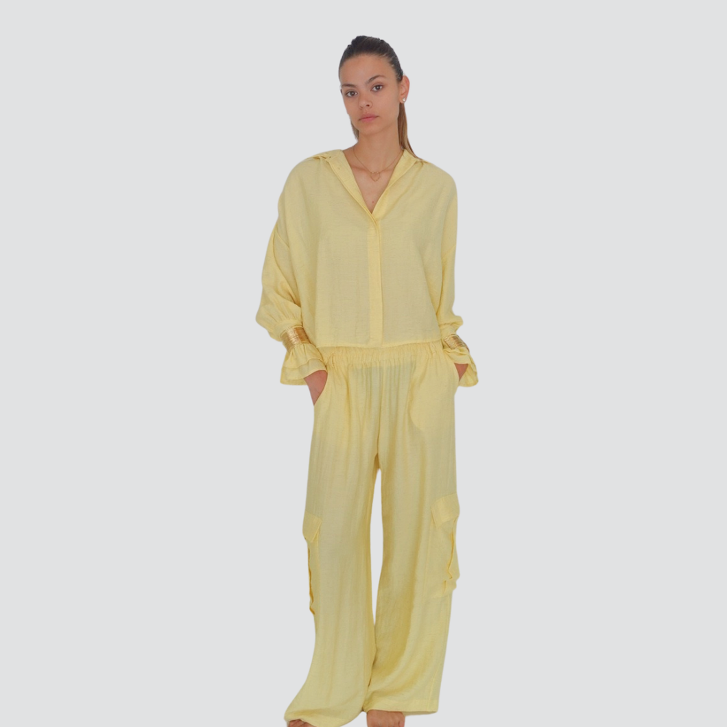 Haveone pantalone con tasconi gamba ampia elastico vita 70% viscosa 9% lino Art PVS-N384