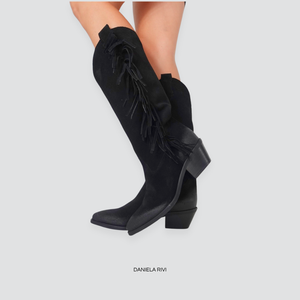 Ovyè texano scamosciato con frange velour nero tacco 5 cm Art RG201