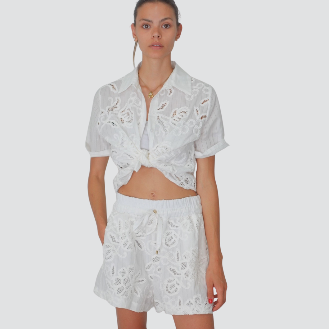 Tensione in short gessato con ricami elastico vita con coulisse 100% cotone Art S25PE56