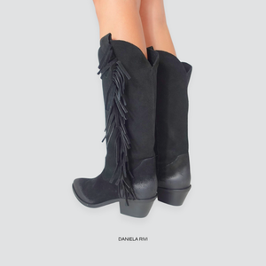 Ovyè texano scamosciato con frange velour nero tacco 5 cm Art RG201