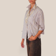 Carica l'immagine nel visualizzatore di Gallery, Haveone camicia over riga sottile beige blu 30% viscosa Art CGE-R038
